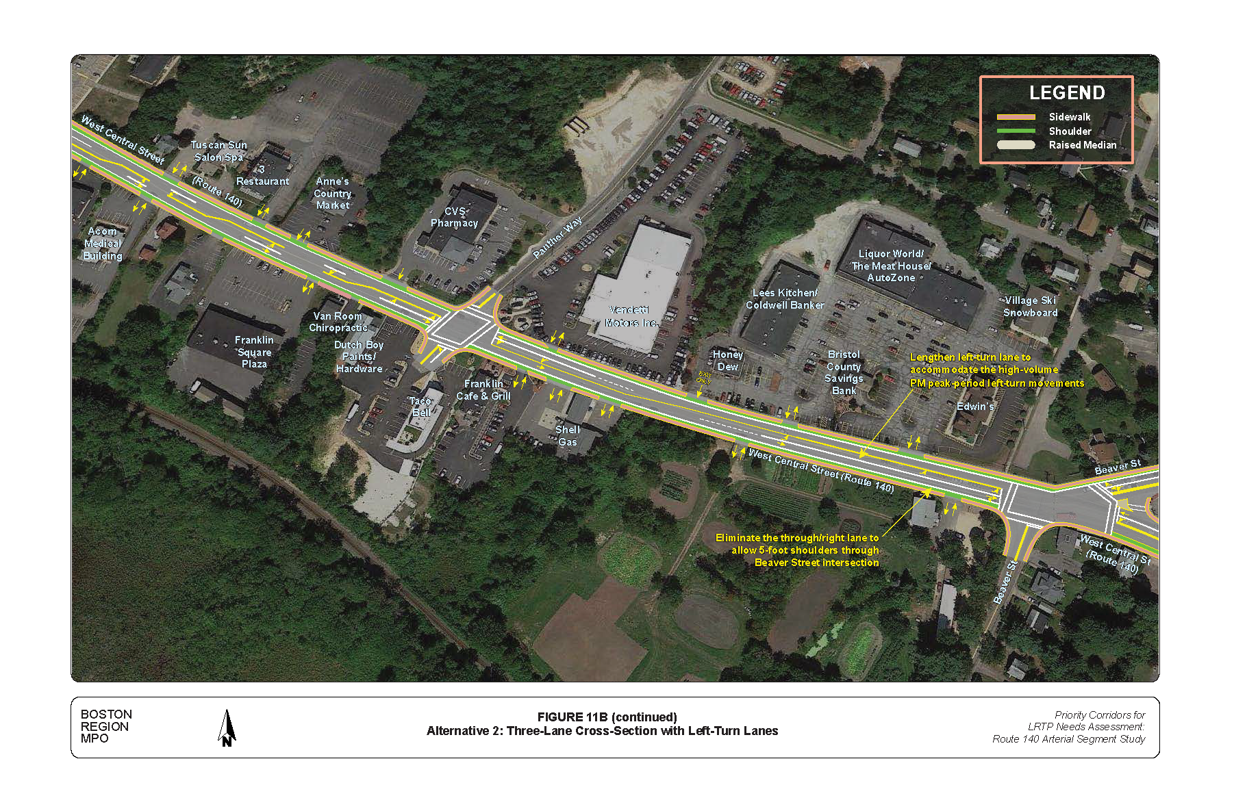FIGURE 11B (continued): Alternative 2: Three-Lane Cross-Section with Left-Turn Lanes. Aerial-view map that illustrates MPO staff “Improvement Alternative 2,” which recommends reconfiguring West Central Street into a three-lane cross-section with left-turn lanes.